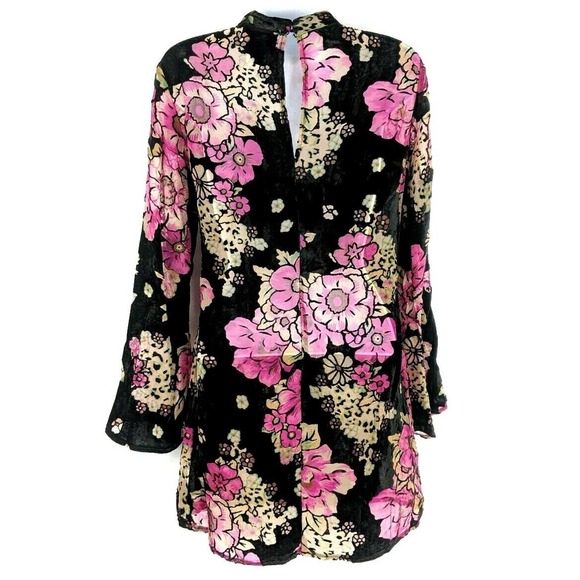 Band of Gypsies Black Pink Velvet Tunic Dress Top Lace Up Sheer Choker Floral S - Picture 5 of 8